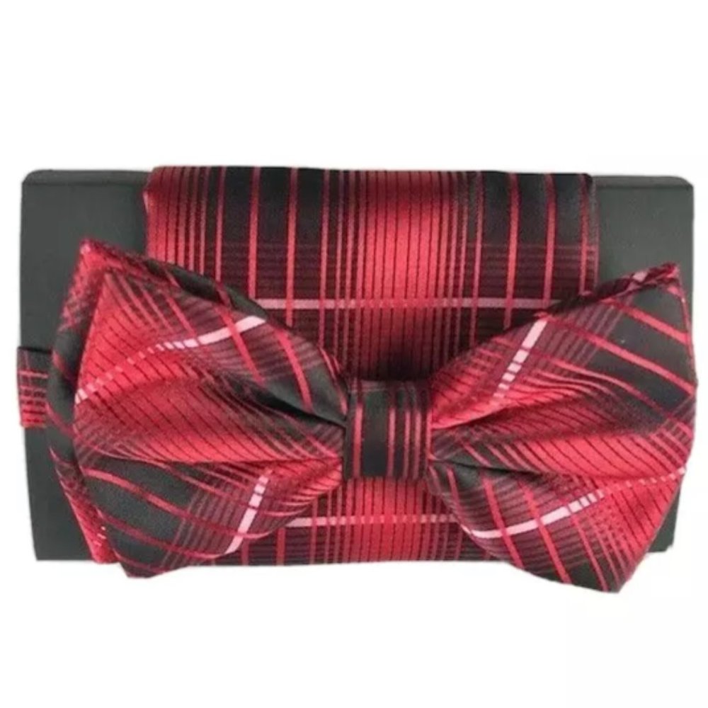 Steven Land Men's Bow Tie & Hanky Set Red Black Pink Pretied Striped Pattern